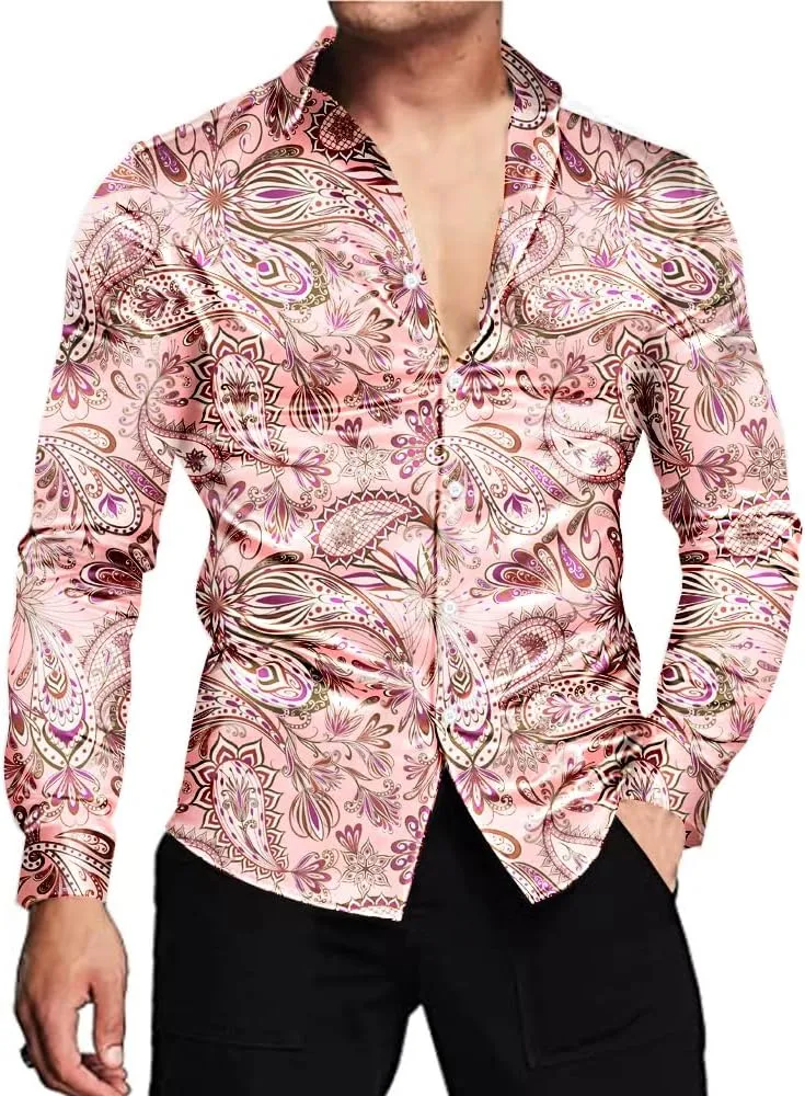 QZH.DUAO Mens 70s Disco Linen Shirts Casual Paisley Tops Floral Vintage Long Sleeve Shirt