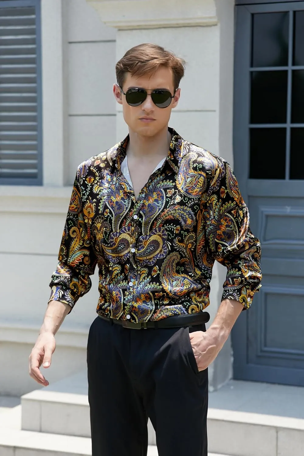 QZH.DUAO Mens 70s Disco Linen Shirts Casual Paisley Tops Floral Vintage Long Sleeve Shirt