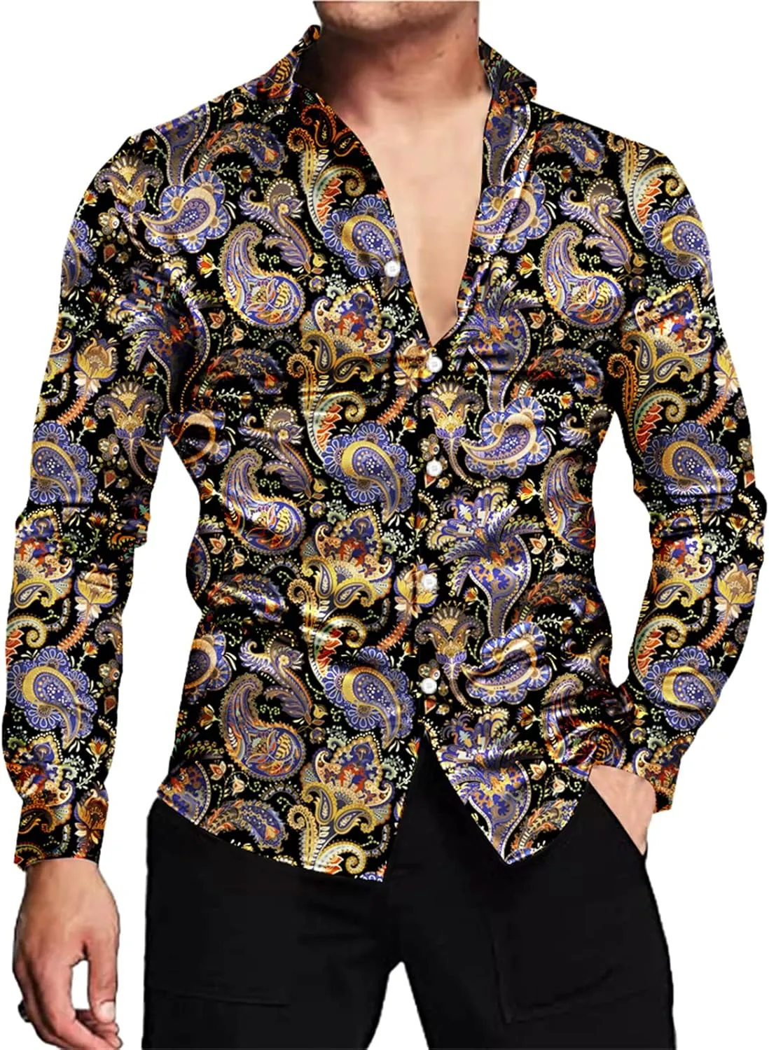 QZH.DUAO Mens 70s Disco Linen Shirts Casual Paisley Tops Floral Vintage Long Sleeve Shirt