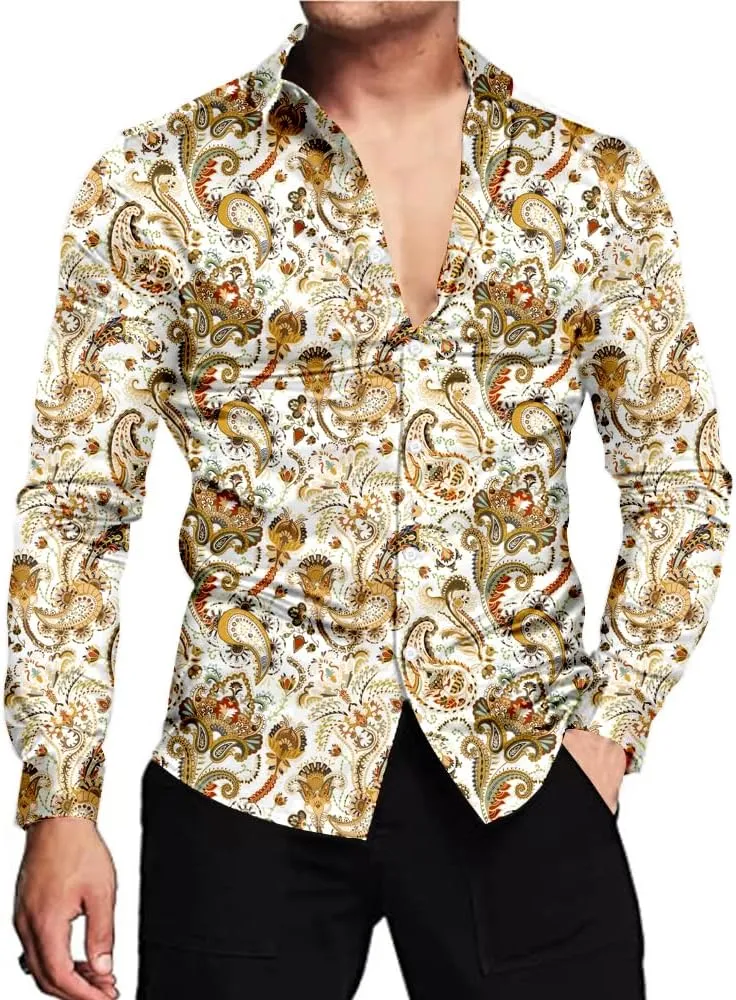 QZH.DUAO Mens 70s Disco Linen Shirts Casual Paisley Tops Floral Vintage Long Sleeve Shirt