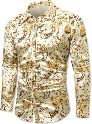 QZH.DUAO Mens 70s Disco Linen Shirts Casual Paisley Tops Floral Vintage Long Sleeve Shirt