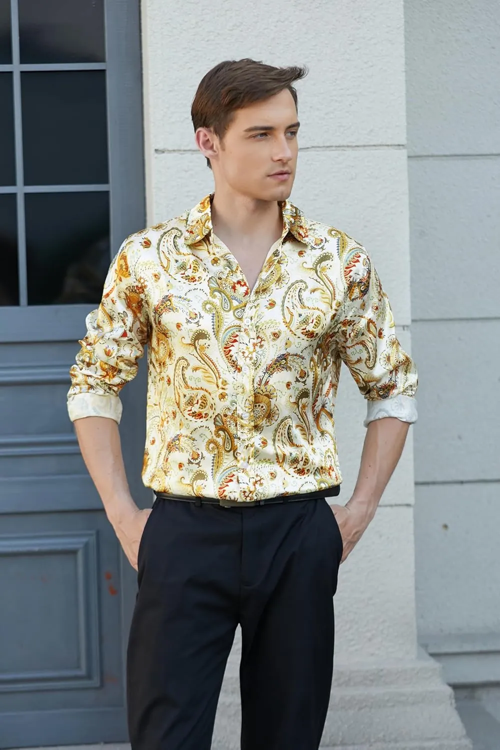 QZH.DUAO Mens 70s Disco Linen Shirts Casual Paisley Tops Floral Vintage Long Sleeve Shirt
