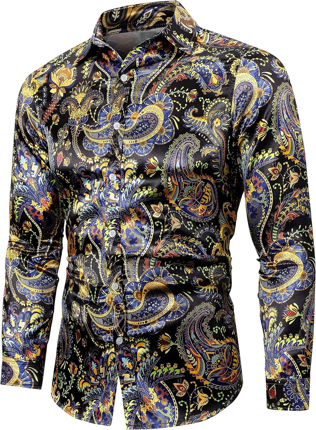 QZH.DUAO Mens 70s Disco Linen Shirts Casual Paisley Tops Floral Vintage Long Sleeve Shirt