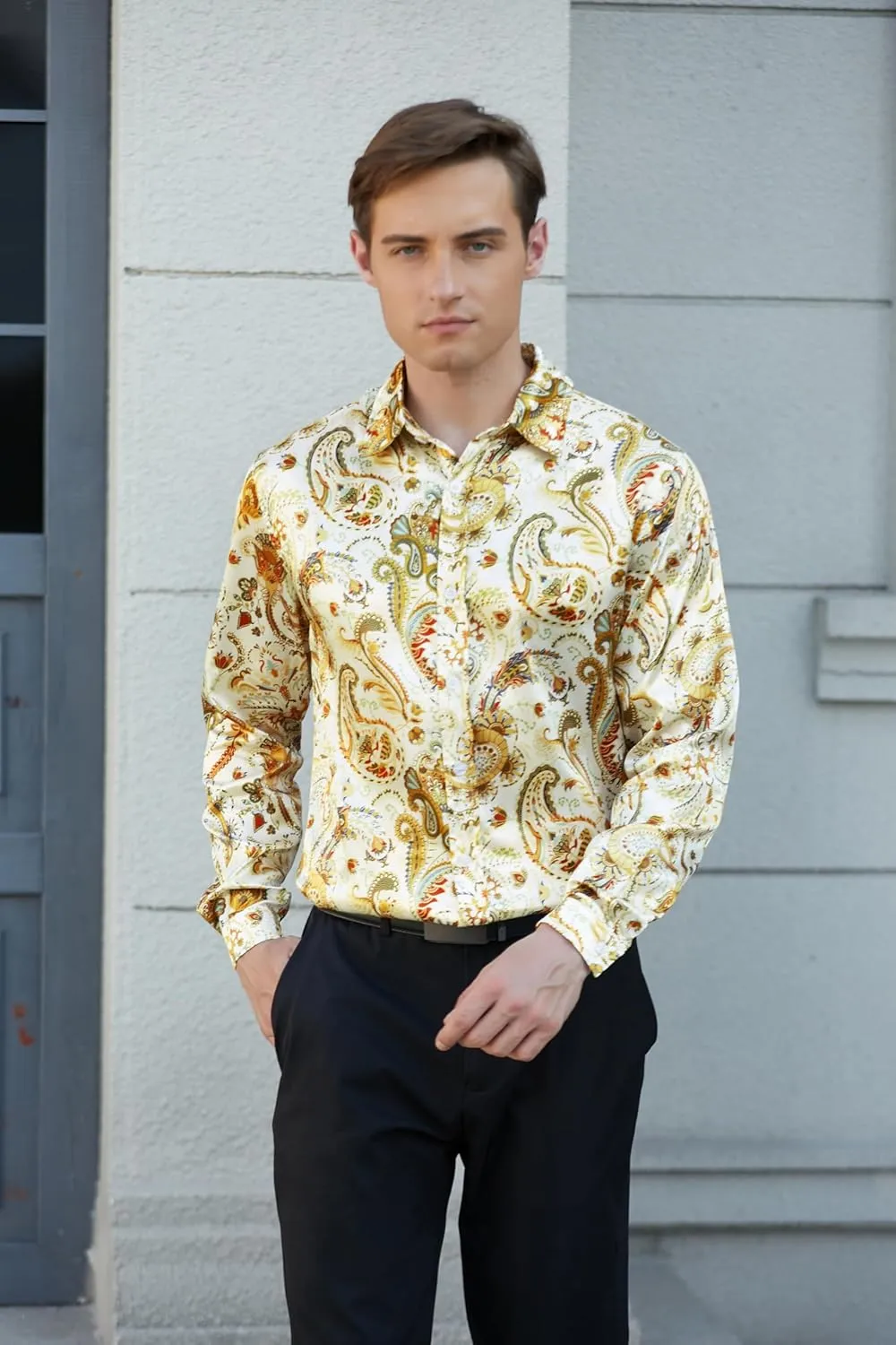 QZH.DUAO Mens 70s Disco Linen Shirts Casual Paisley Tops Floral Vintage Long Sleeve Shirt