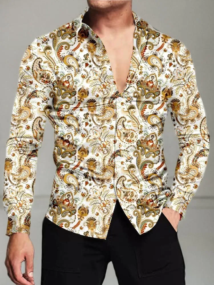 QZH.DUAO Mens 70s Disco Linen Shirts Casual Paisley Tops Floral Vintage Long Sleeve Shirt