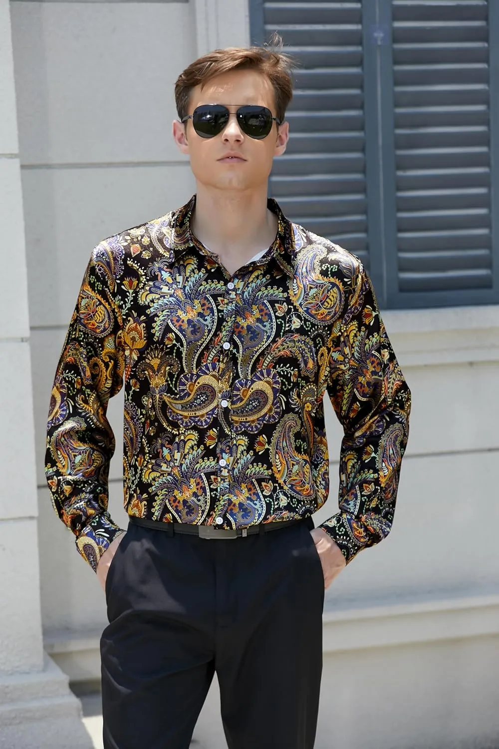 QZH.DUAO Mens 70s Disco Linen Shirts Casual Paisley Tops Floral Vintage Long Sleeve Shirt