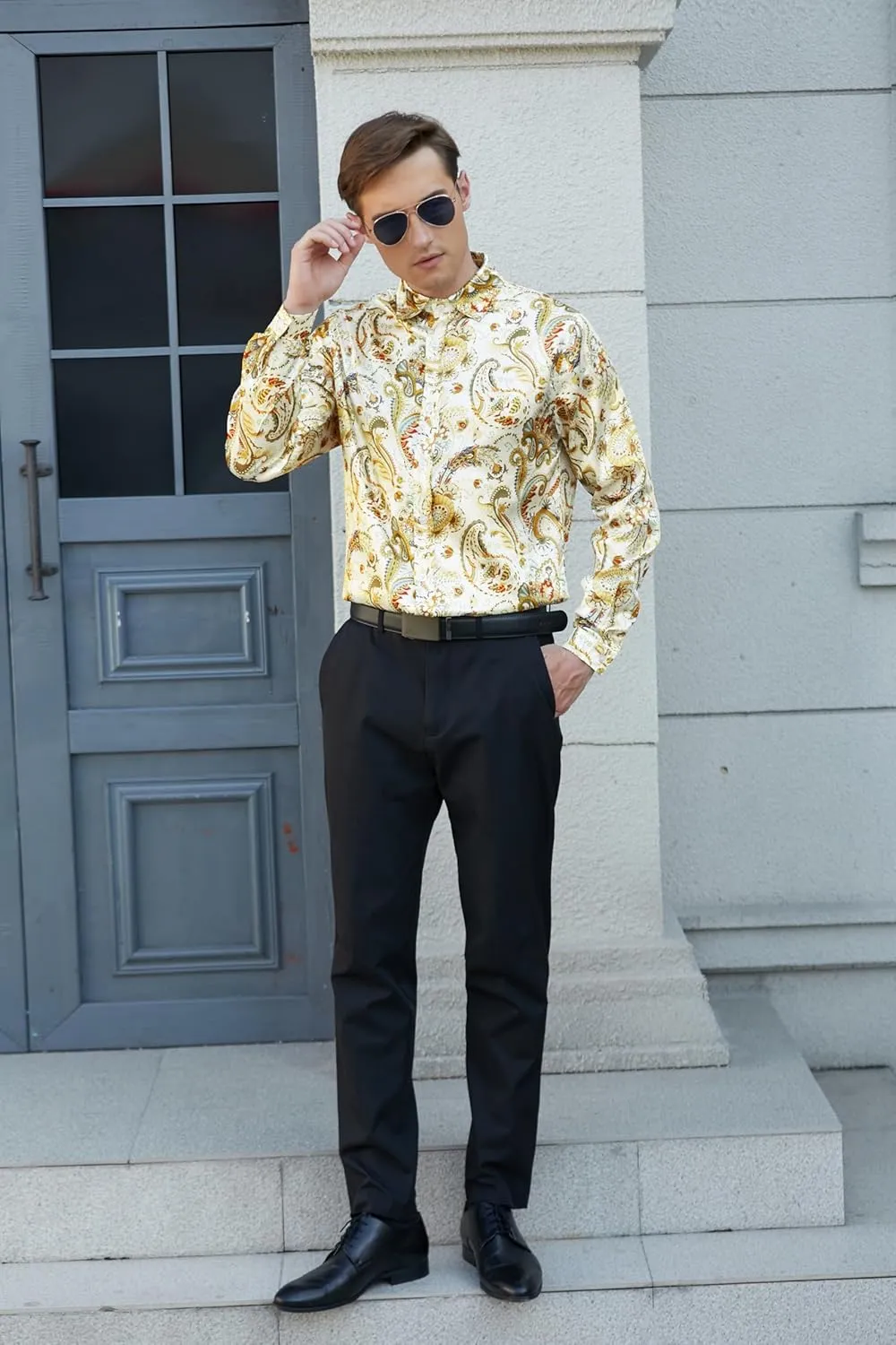QZH.DUAO Mens 70s Disco Linen Shirts Casual Paisley Tops Floral Vintage Long Sleeve Shirt