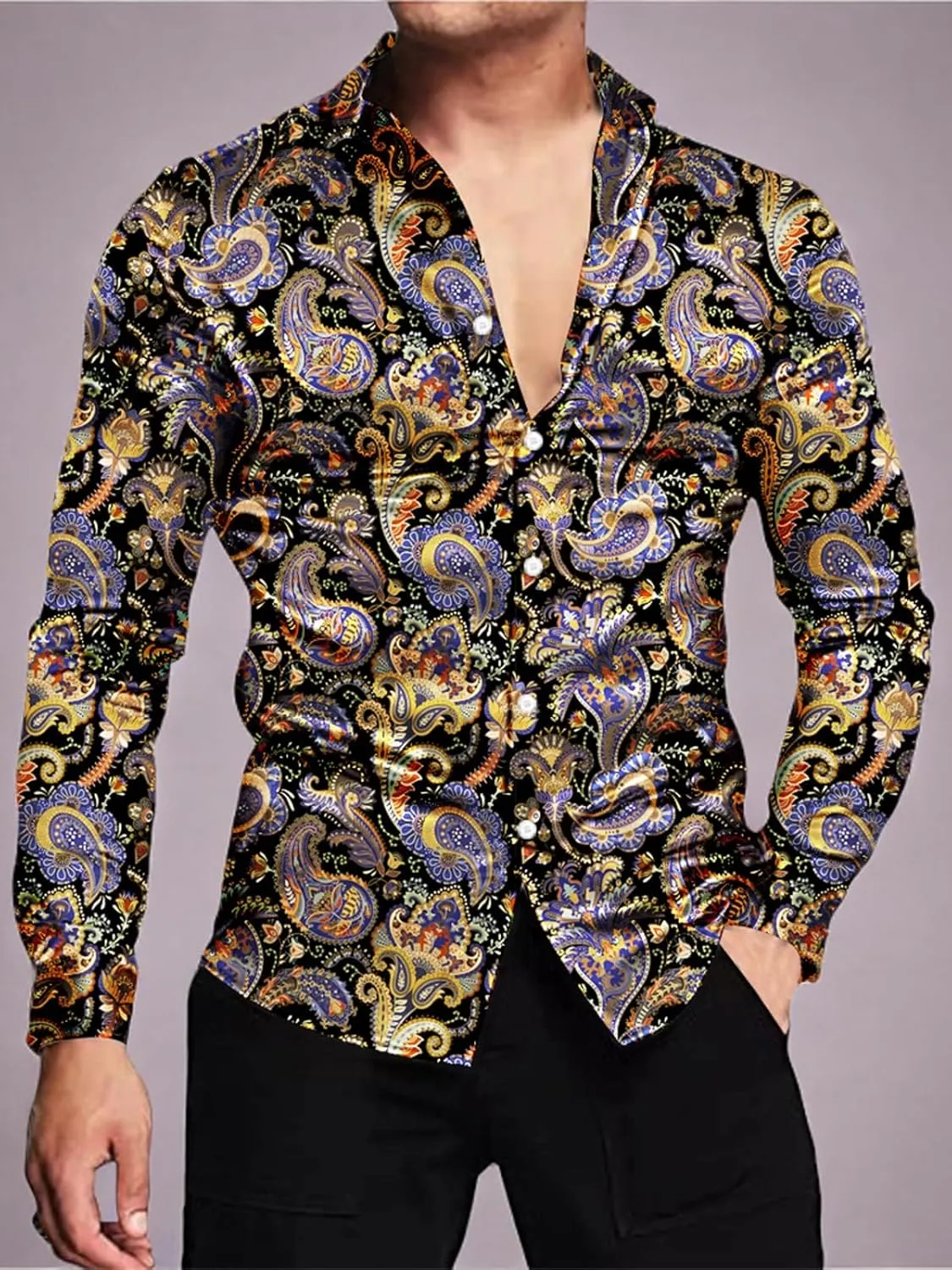 QZH.DUAO Mens 70s Disco Linen Shirts Casual Paisley Tops Floral Vintage Long Sleeve Shirt