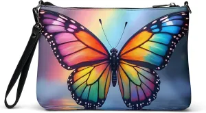 Rainbow Butterfly Crossbody Purse, Pretty Monarch Wristlet, Colorful Faux Leather Shoulder Bag, Nature Art Fashion Accessory