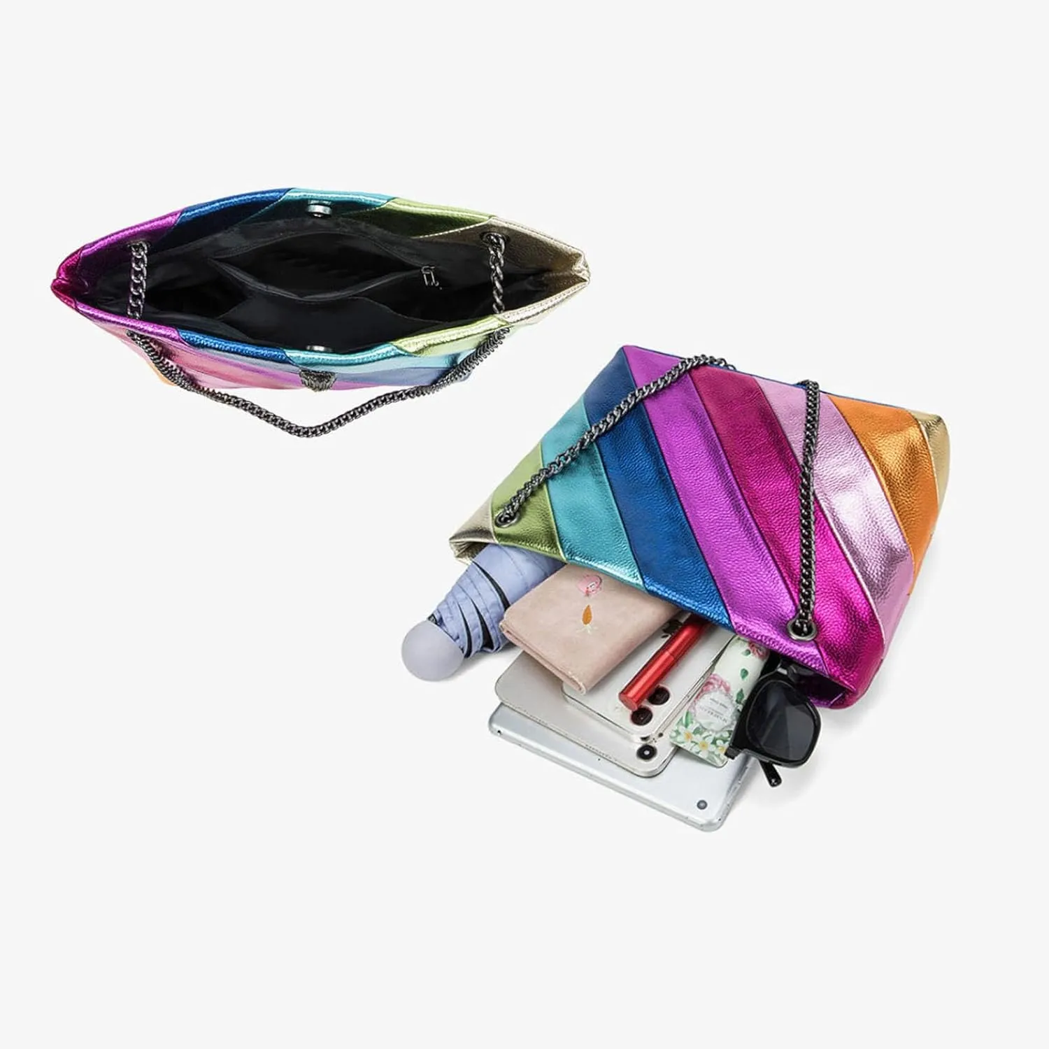 Rainbow Stripe Crossbody Bag For Women Handbag Purse - Contrast Color Stitching PU Leather with Chain Strap