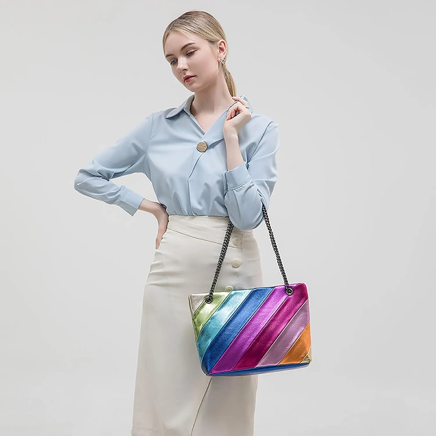 Rainbow Stripe Crossbody Bag For Women Handbag Purse - Contrast Color Stitching PU Leather with Chain Strap