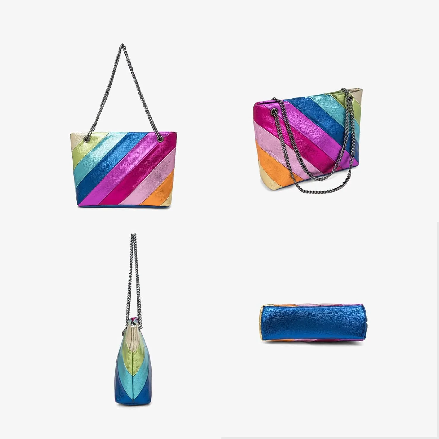 Rainbow Stripe Crossbody Bag For Women Handbag Purse - Contrast Color Stitching PU Leather with Chain Strap