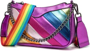Rainbow Stripe Crossbody Bag For Women Handbag Purse - Contrast Color Stitching PU Leather with Chain Strap