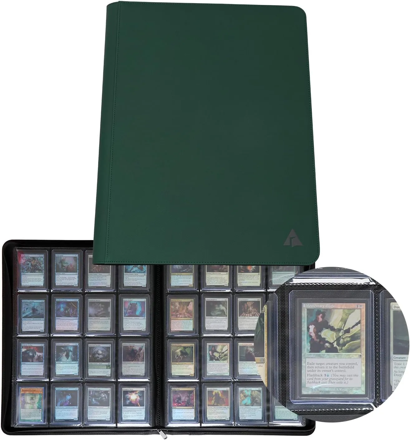 Rayvol 16-Pocket Toploader Binder, Holds 512 Toploaders 16 Pocket Top Loader Card Storage Case, 500   Ringless Double-Sided Pockets for Cards in 3 x 4'' Toploaders -Forest Green