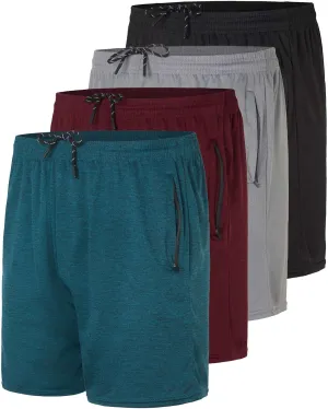 Real Essentials 4 Pack: Men's Mesh 7"/ 5"/ 3" Athletic Zipper Shorts Workout Gym Running Basketball (Big and Tall Available)