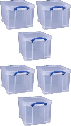 Really Useful Box 32 Liters Storage Bin Container with Snap Lid and Clip Lock Handles for Lidded Home and Office Storage Organization, 6 Pack