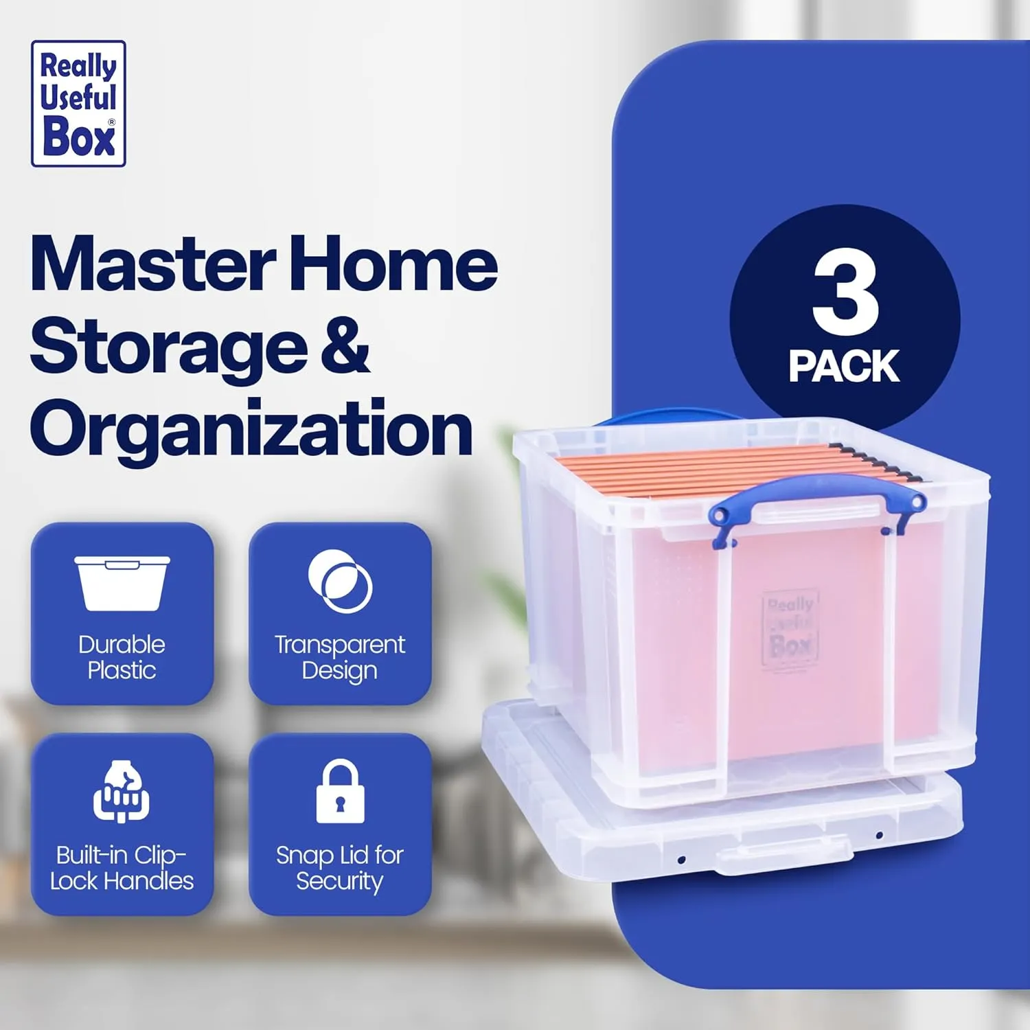 Really Useful Box 32 Liters Storage Bin Container with Snap Lid and Clip Lock Handles for Lidded Home and Office Storage Organization, 6 Pack
