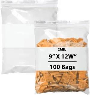 Reclosable Zip Poly Bags White Block,9x12W & (100 Bags) 2 Mil Clear Plastic with Resealable Lock Seal Zipper Bag,Durable Poly Baggies,Resealable Zip Top Lock For Travel, Storage, Packaging & Shipping