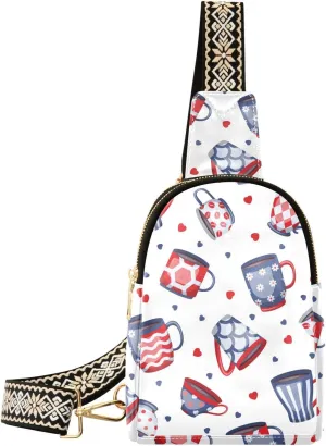 Red and Blue Coffee and Tea Cups Sling Bag for Women, Leather Crossbody Bag Purses for Women Anti Theft Sling Bag Fanny Packs