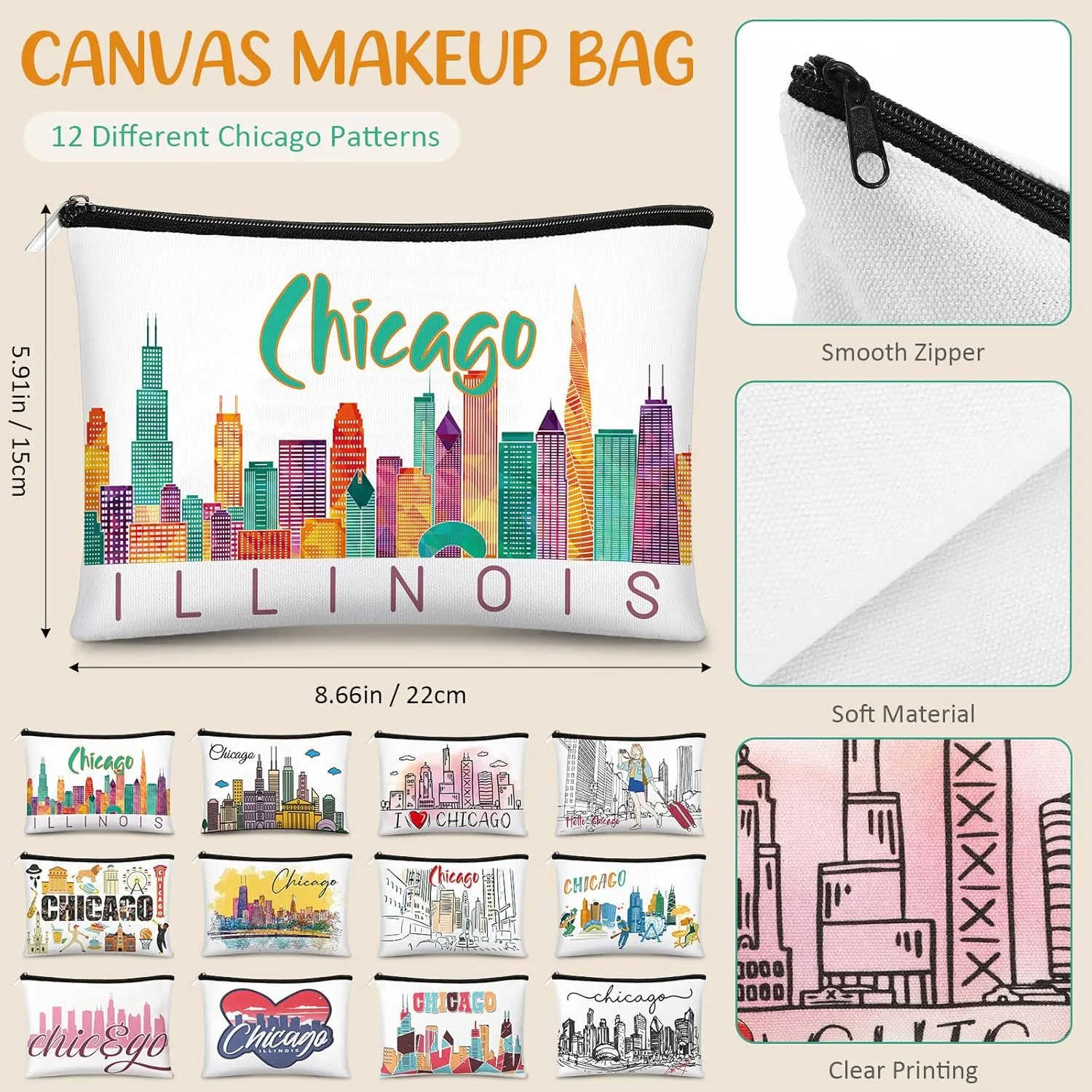 Reginary 12 Pcs City Souvenir Gifts Texas State Gifts Chicago City Souvenirs California Makeup Bag Zippered Bag Cosmetic Bag for Women Traveler Souvenirs