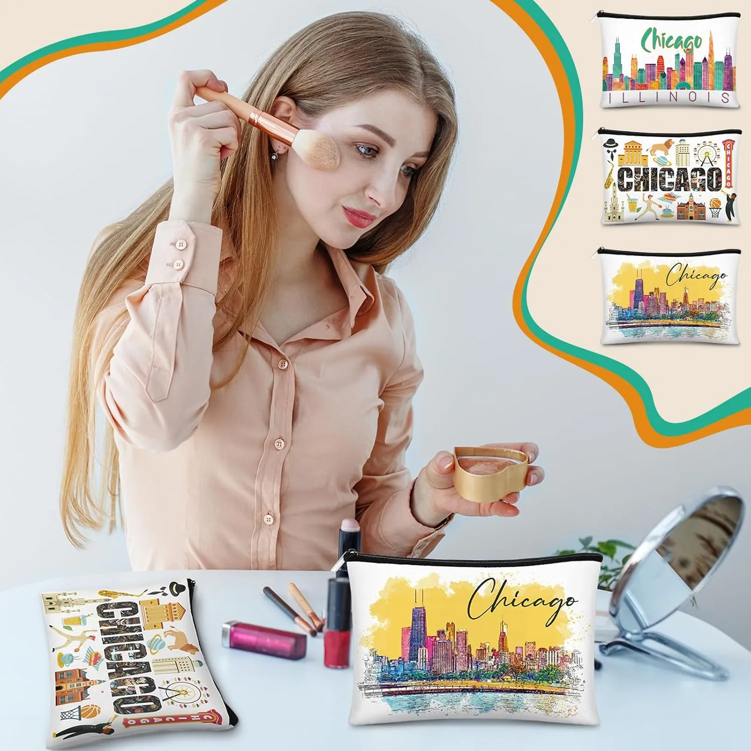 Reginary 12 Pcs City Souvenir Gifts Texas State Gifts Chicago City Souvenirs California Makeup Bag Zippered Bag Cosmetic Bag for Women Traveler Souvenirs