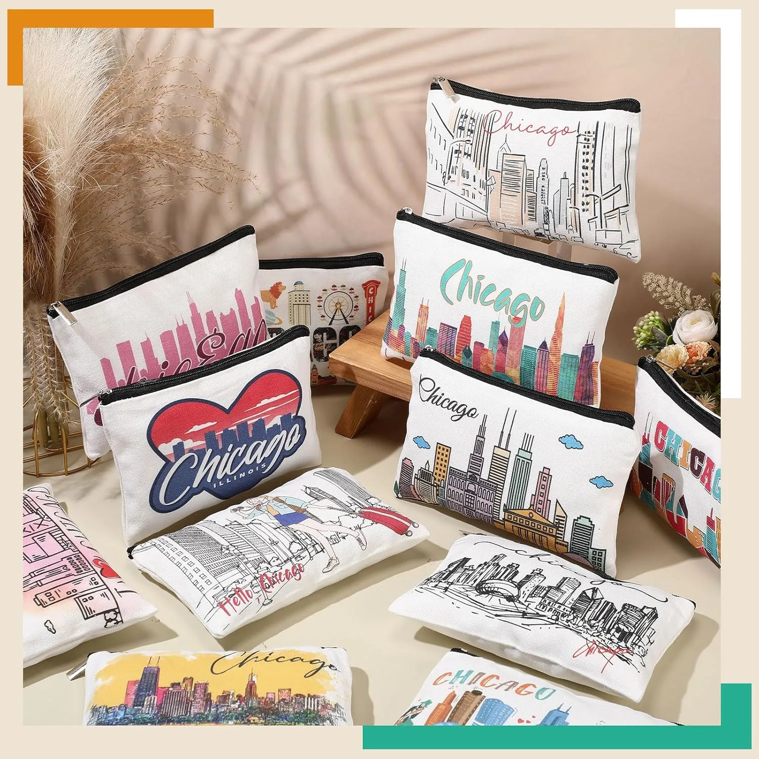 Reginary 12 Pcs City Souvenir Gifts Texas State Gifts Chicago City Souvenirs California Makeup Bag Zippered Bag Cosmetic Bag for Women Traveler Souvenirs