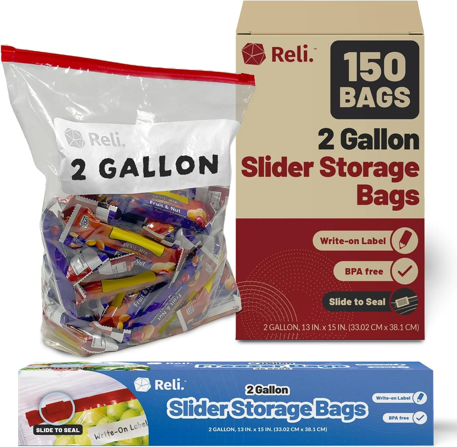 Reli. 2 Gallon Slider Bags (150 Count) 13x15 inch Jumbo Food Storage Bags, 2 Gallon | Slider, Write on Label | Bulk 2Gal Sliding Storage | Extra Large Clear w/Red Sliding Closure for Food