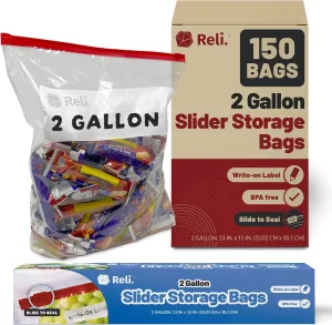 Reli. 2 Gallon Slider Bags (150 Count) 13x15 inch Jumbo Food Storage Bags, 2 Gallon | Slider, Write on Label | Bulk 2Gal Sliding Storage | Extra Large Clear w/Red Sliding Closure for Food