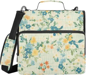 Retro Flowers Blue Gingham 1.5-Inch 3-Rings Zip Up Binder with Shoulder Strap & Handle Multiple Pockets Portable Home Travel Safe Storage Bag for School