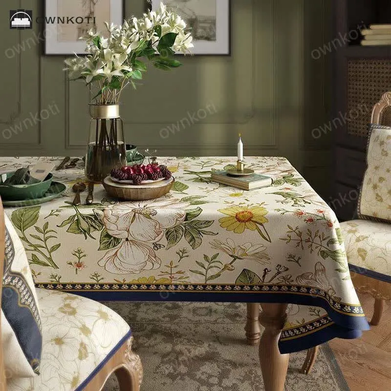 Retro Light Luxury Plant Flower Linen Tablecloth