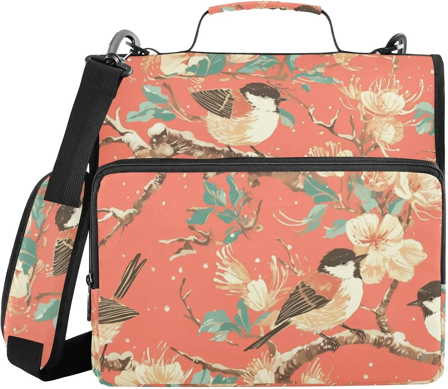Retro Rose Gold Birds Pink 1.5-Inch 3-Rings Zipper Binder Organizer with Handle and Removable Shoulder Strap Laege Capacity Portable Home Travel Safe Storage Bag for School