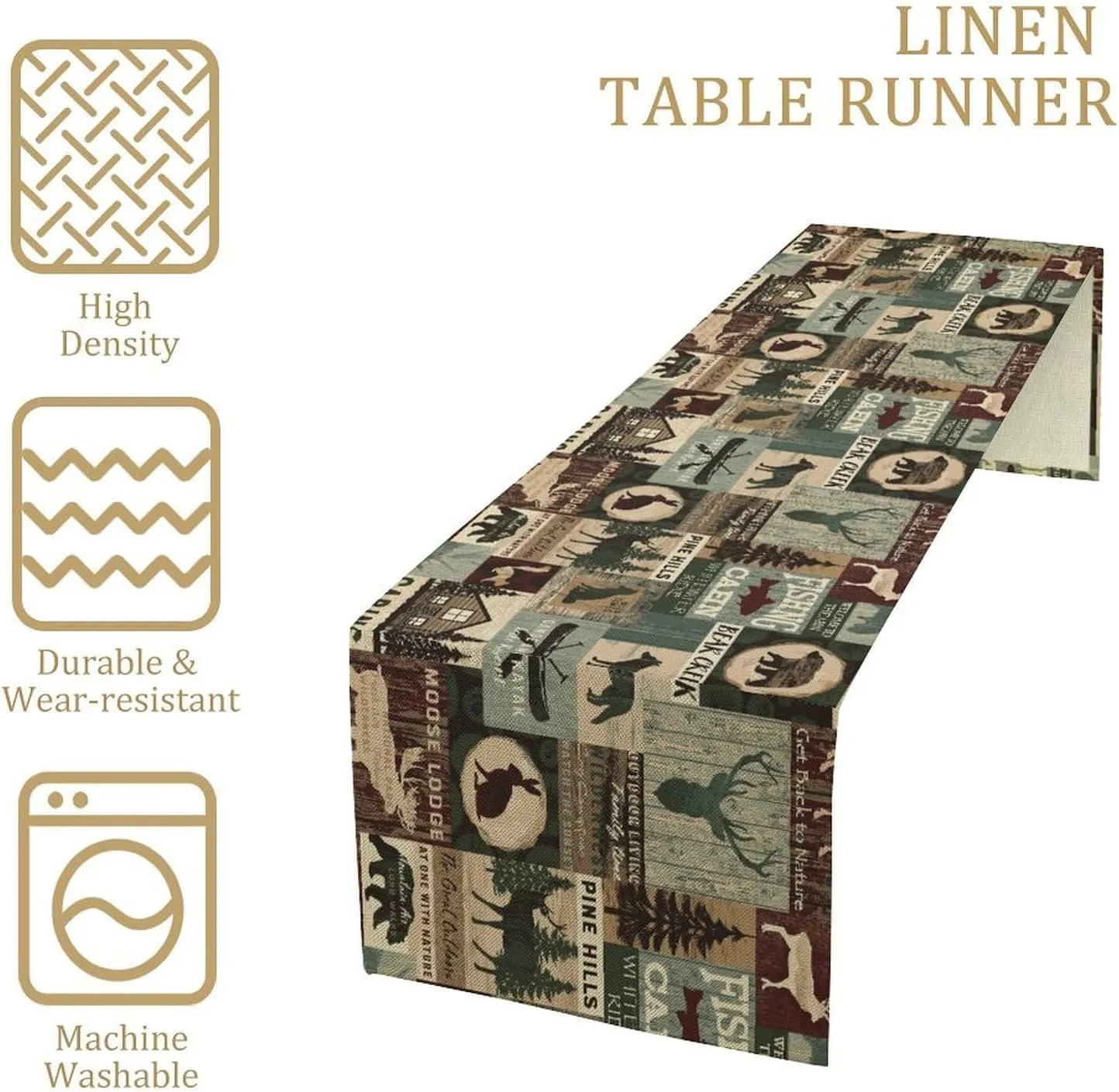 Retro Rustic Style Table Runner, Bear Moose Deer Rabbit Plank Country Cabin Farmhouse Dinner Table Decoration for Home Living Room Kitchen Dining Room 13x120in