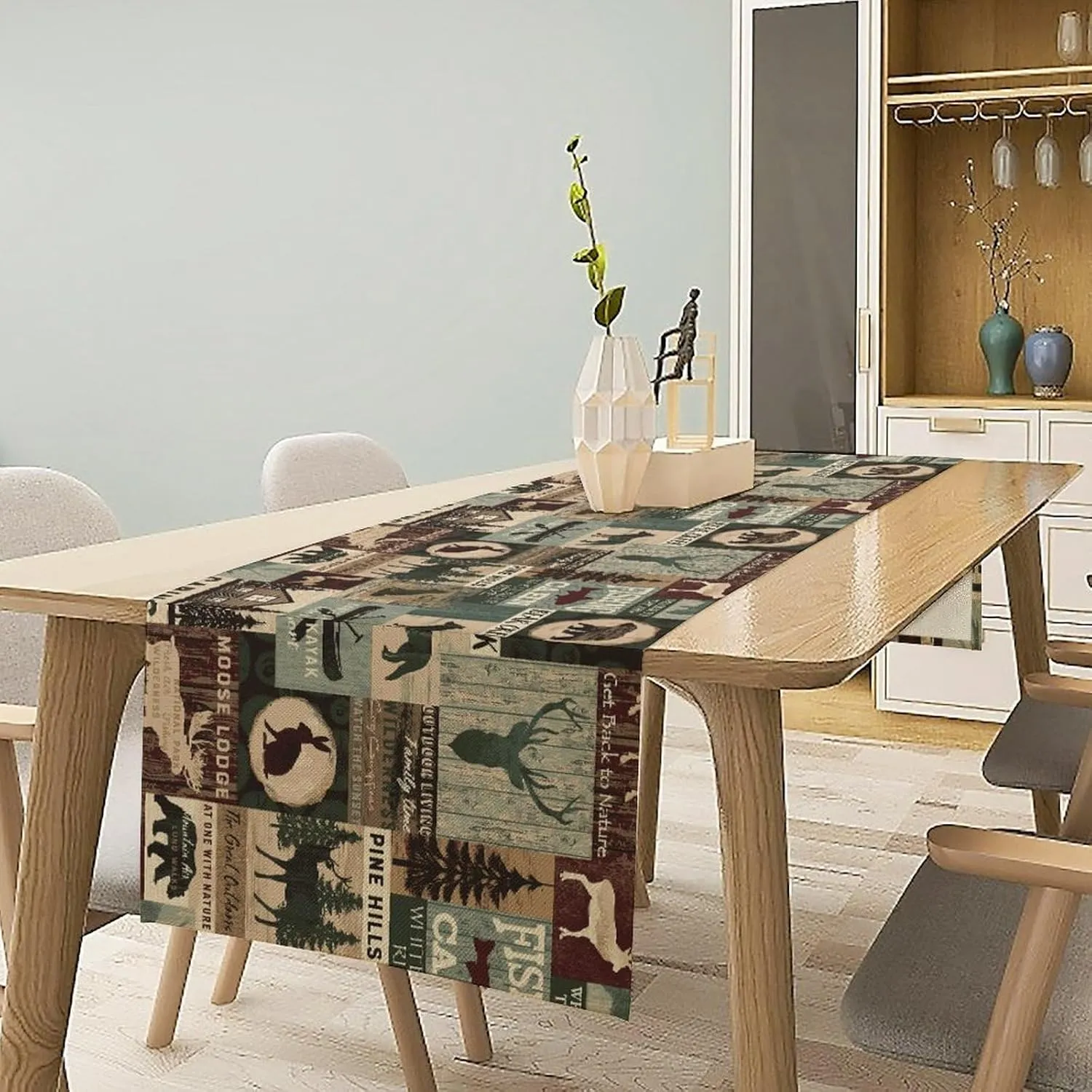 Retro Rustic Style Table Runner, Bear Moose Deer Rabbit Plank Country Cabin Farmhouse Dinner Table Decoration for Home Living Room Kitchen Dining Room 13x120in