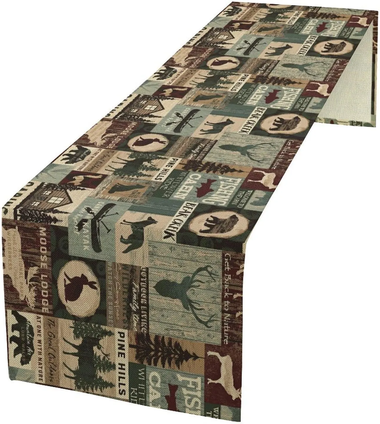 Retro Rustic Style Table Runner, Bear Moose Deer Rabbit Plank Country Cabin Farmhouse Dinner Table Decoration for Home Living Room Kitchen Dining Room 13x120in