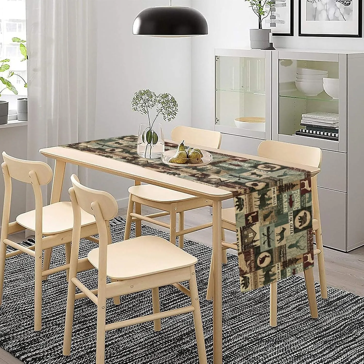 Retro Rustic Style Table Runner, Bear Moose Deer Rabbit Plank Country Cabin Farmhouse Dinner Table Decoration for Home Living Room Kitchen Dining Room 13x120in