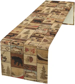 Retro Rustic Table Runner, Bear Deer Elk Cabins Tribal Geometric Pattern Country Style Tabletop Collection Table Runner for Kitchen Family Dinner,Indoor Outdoor Table Decor 13x120in