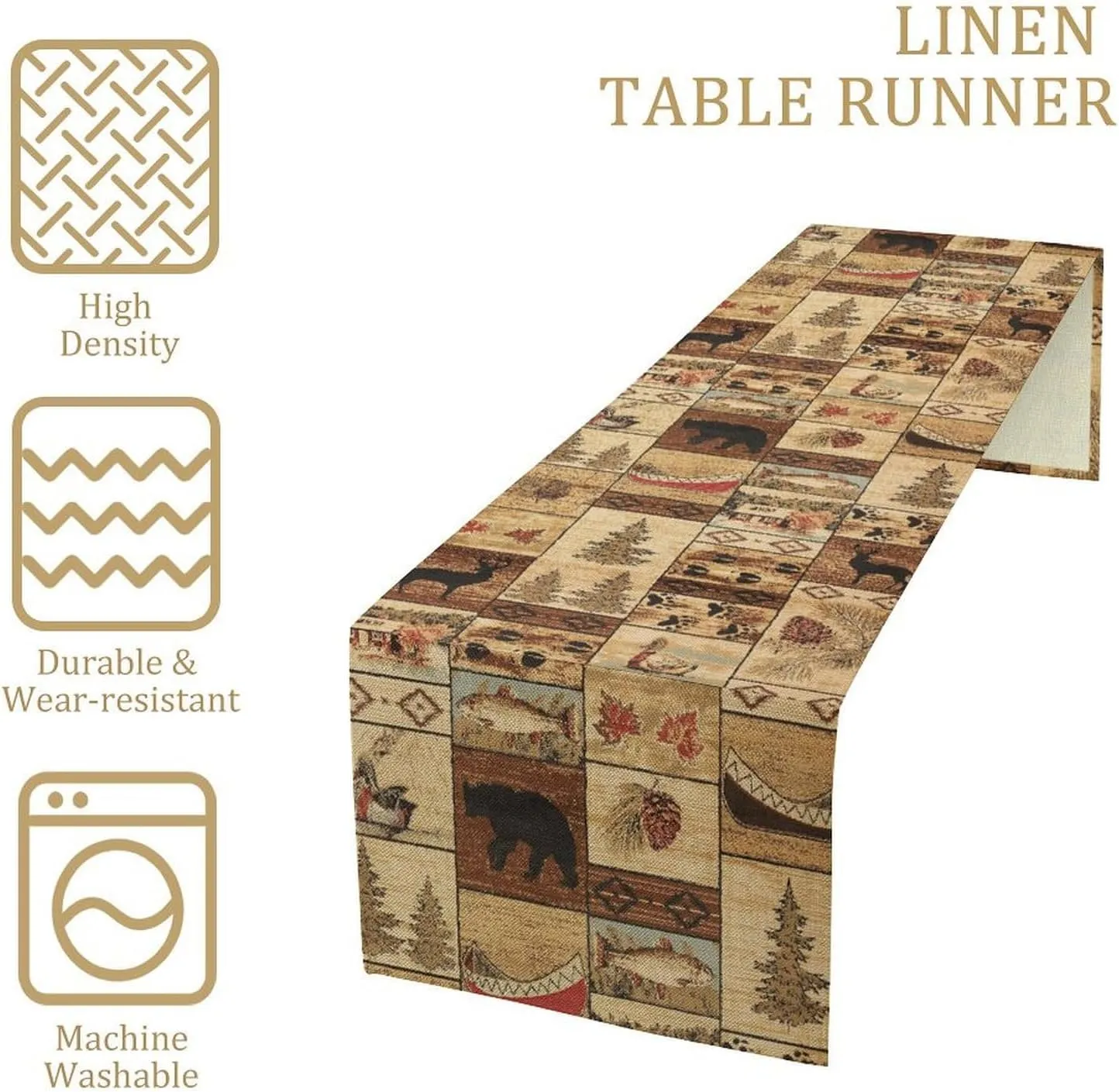 Retro Rustic Table Runner, Bear Deer Elk Cabins Tribal Geometric Pattern Country Style Tabletop Collection Table Runner for Kitchen Family Dinner,Indoor Outdoor Table Decor 13x120in