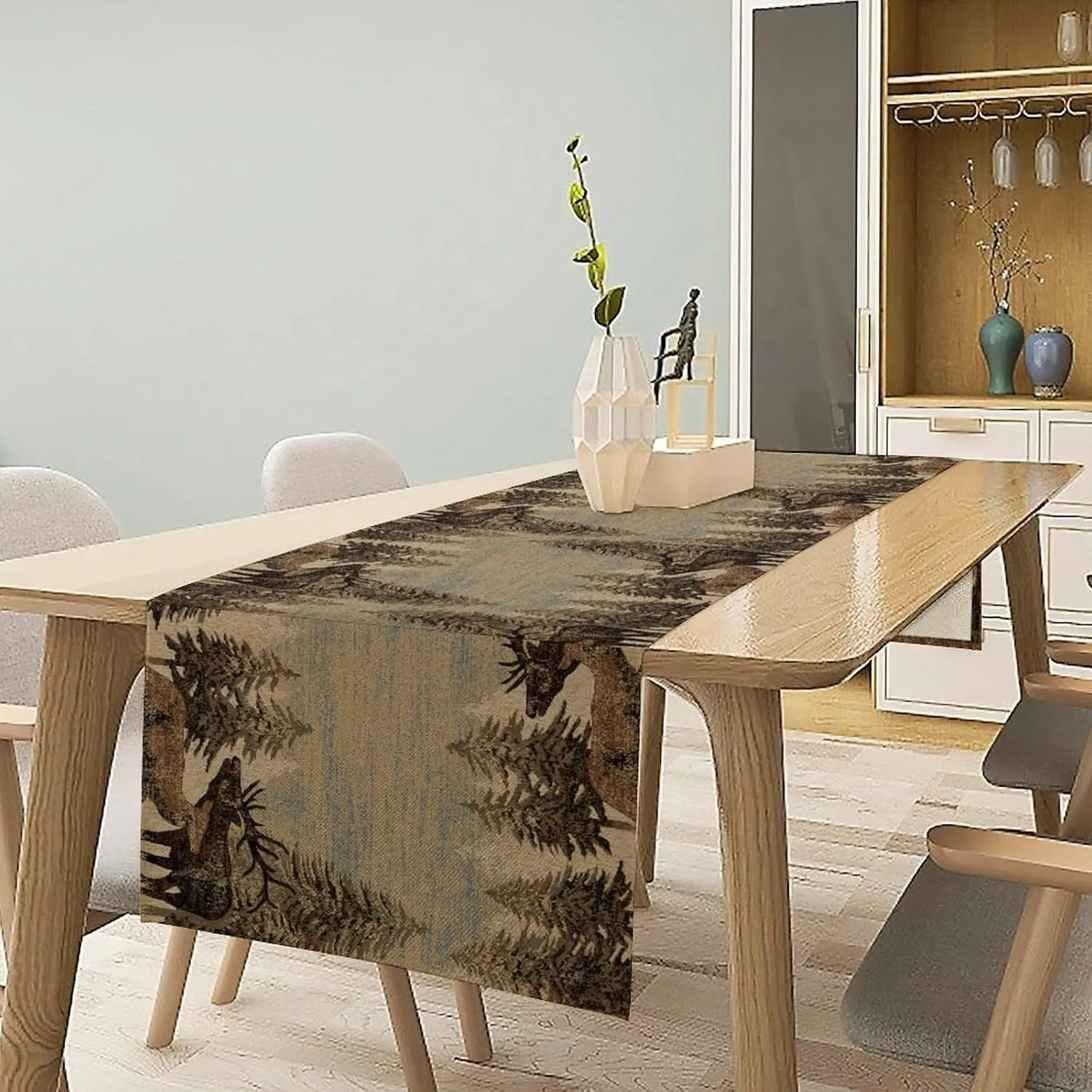 Retro Rustic Table Runner, Moose Deer Forest Tree Country Style Kitchen Table Runners for Home Living Room Kitchen Family Dinner 13x120in
