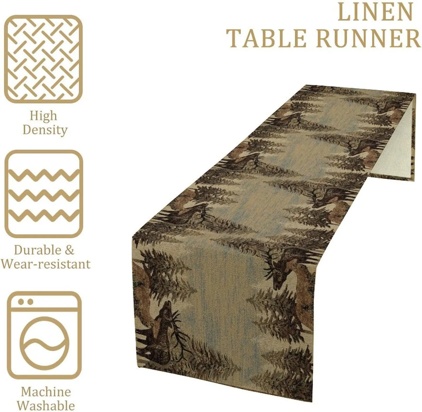 Retro Rustic Table Runner, Moose Deer Forest Tree Country Style Kitchen Table Runners for Home Living Room Kitchen Family Dinner 13x120in