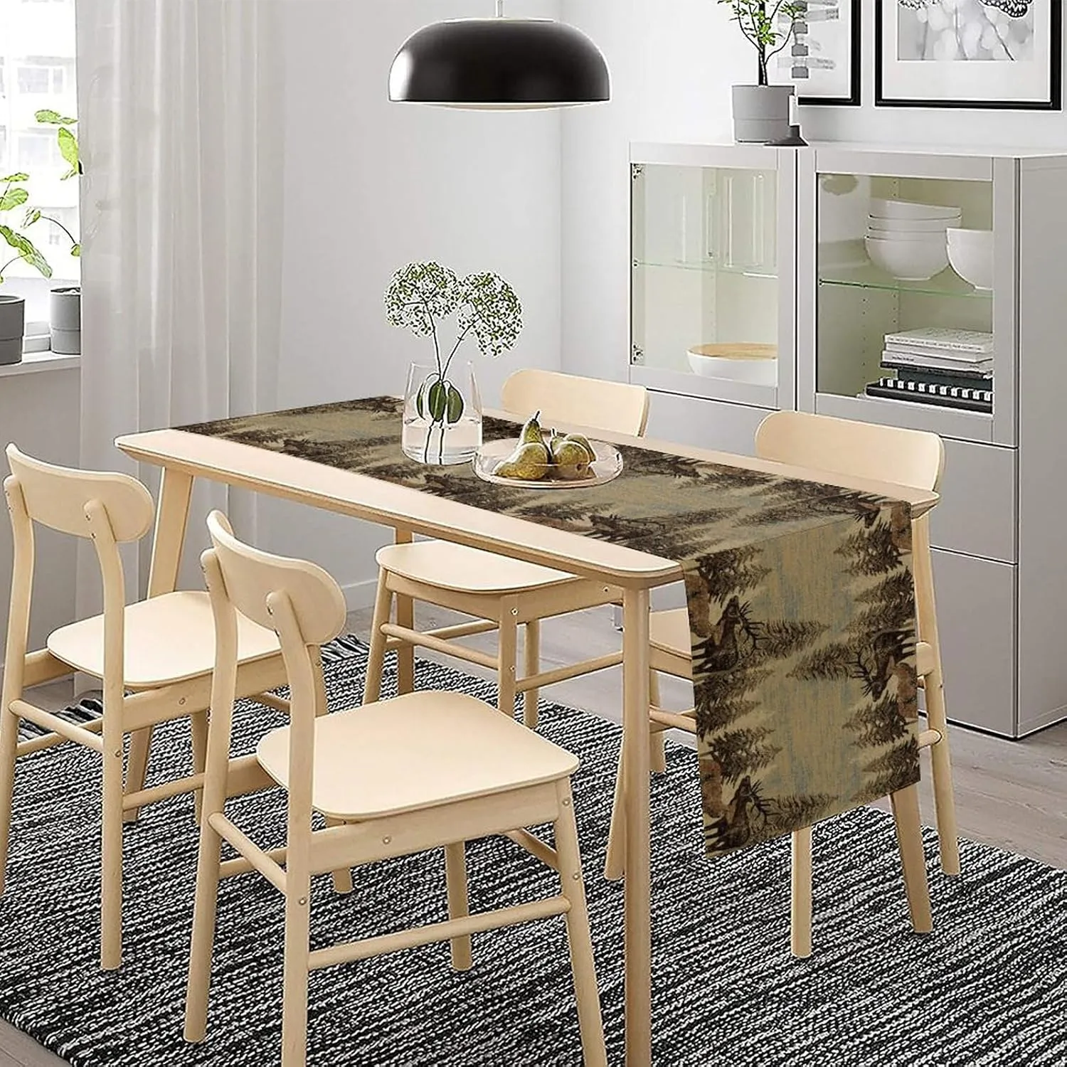Retro Rustic Table Runner, Moose Deer Forest Tree Country Style Kitchen Table Runners for Home Living Room Kitchen Family Dinner 13x120in