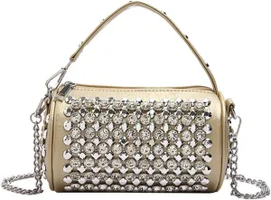 Rhinestone Cylinder Crossbody Bag Sparkling Barrel Purse Mini Tote for Women