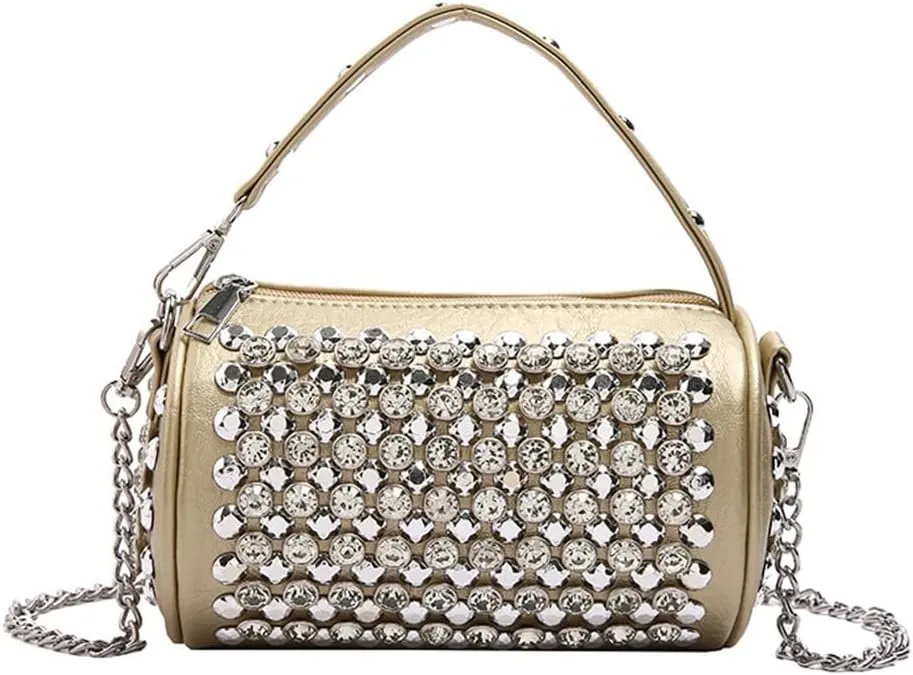 Rhinestone Cylinder Crossbody Bag Sparkling Barrel Purse Mini Tote for Women