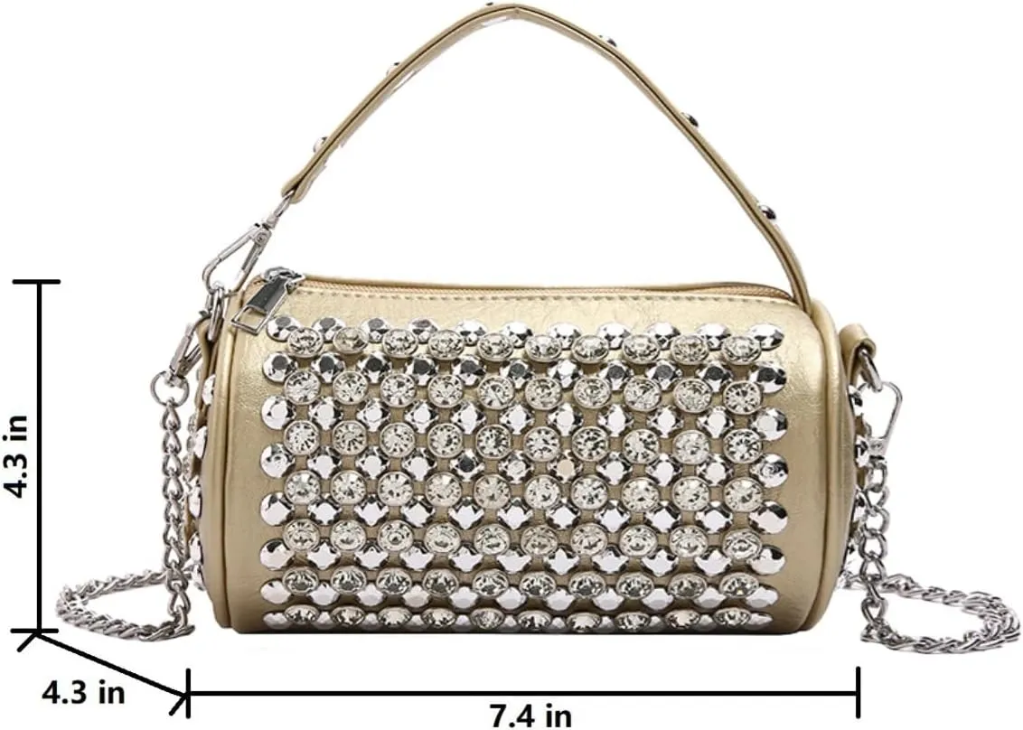 Rhinestone Cylinder Crossbody Bag Sparkling Barrel Purse Mini Tote for Women