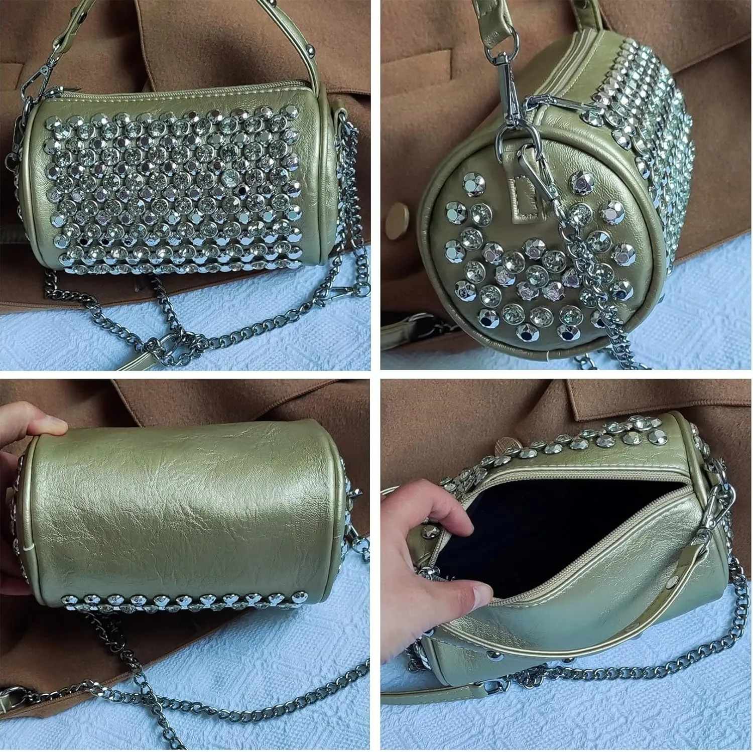 Rhinestone Cylinder Crossbody Bag Sparkling Barrel Purse Mini Tote for Women