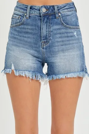 Risen Medium Wash Frayed Hem Denim Shorts