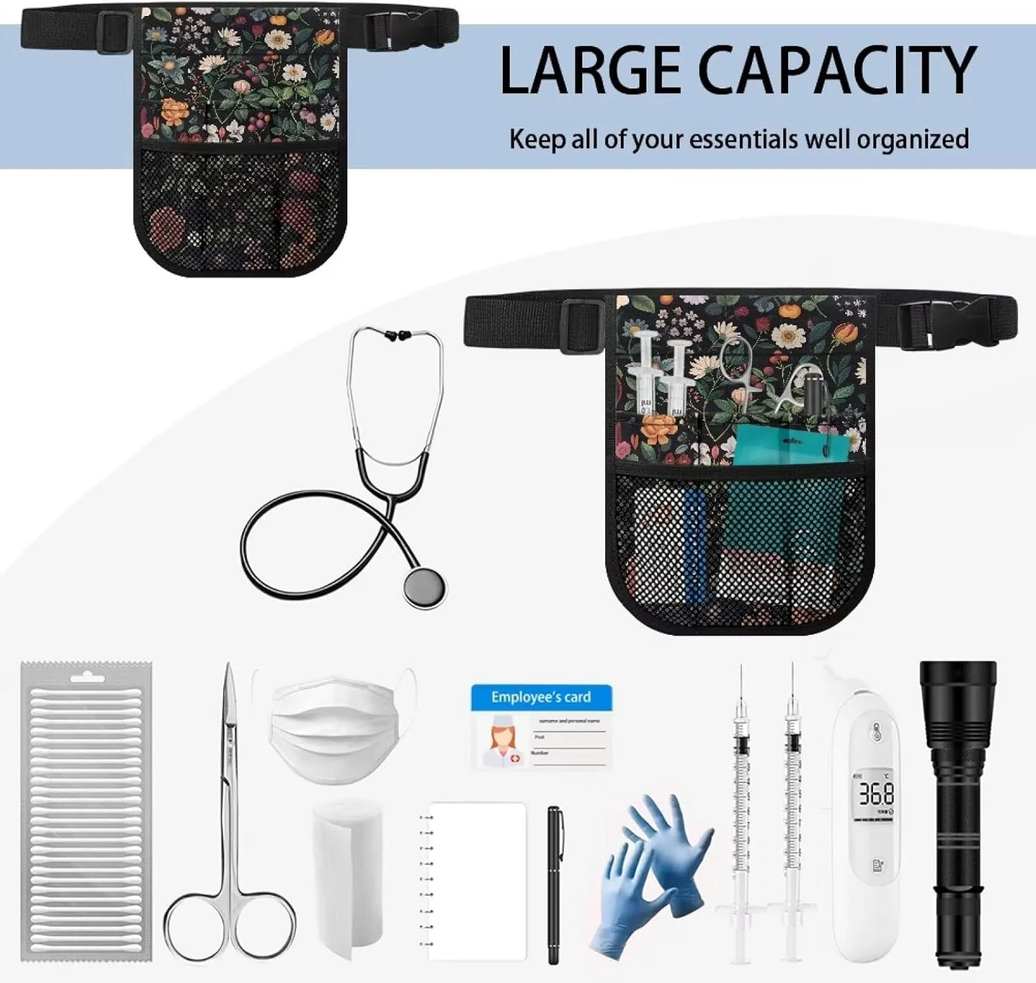 Rnyleeg Fanny Packs for Nurses Practical Waist Bag Pouch Storage Bag with Multi-Compartment and Tape Holder,Fruit and Flower Print