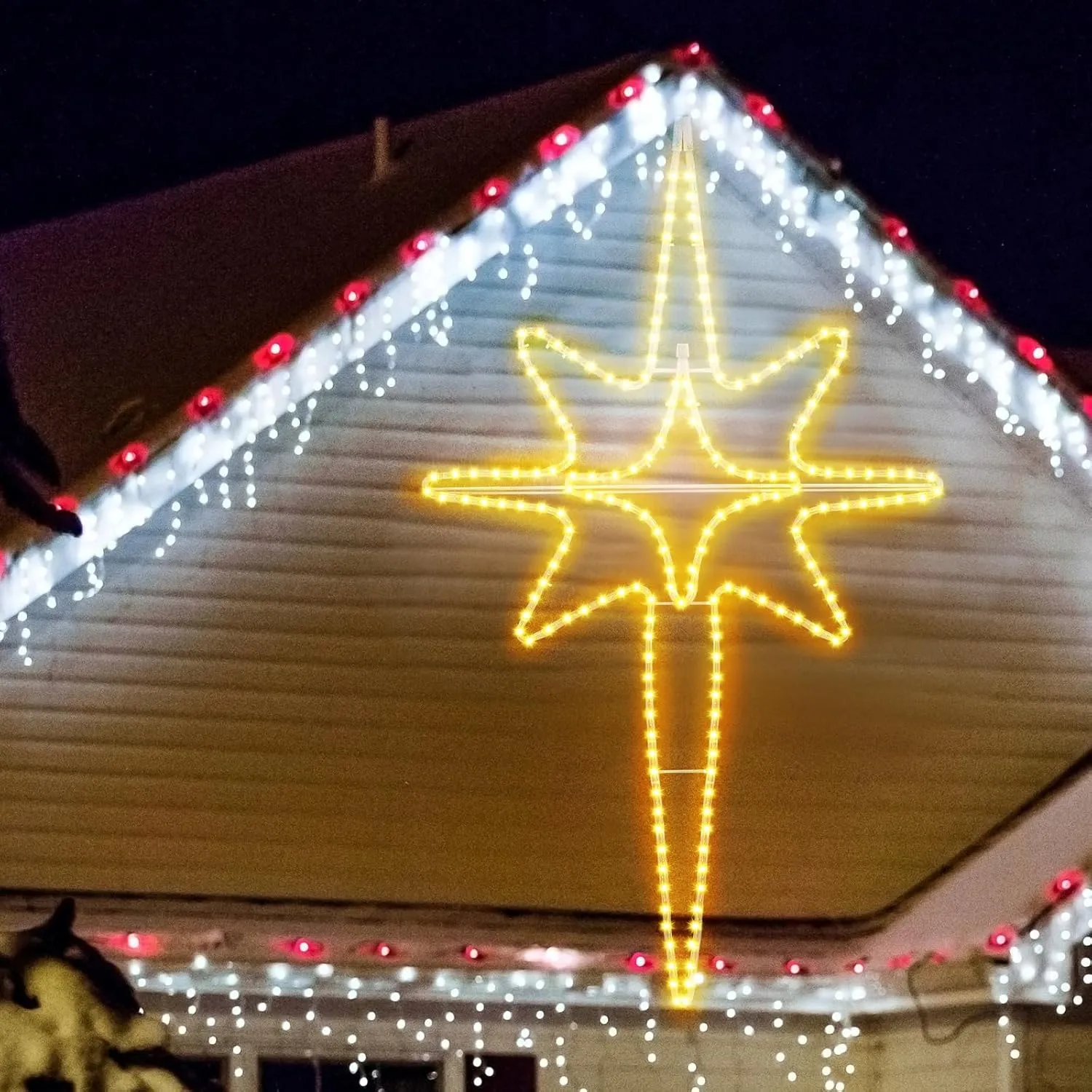 ROCEEI 48 Inch Large Folding Twinkle Bethlehem Star Outdoor LED Christmas Light Neon Window Silhouette Hanging Light Christmas Decoration (Warm White, Star)