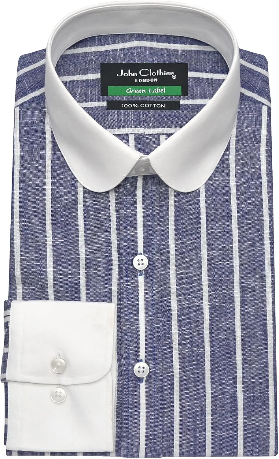 Round Collar Shirt Blue White Stripe Linen slub Dash Vintage Edwardian Blinders Melange White Lines Penny Club Dress Shirt