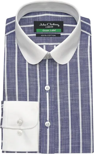 Round Collar Shirt Blue White Stripe Linen slub Dash Vintage Edwardian Blinders Melange White Lines Penny Club Dress Shirt