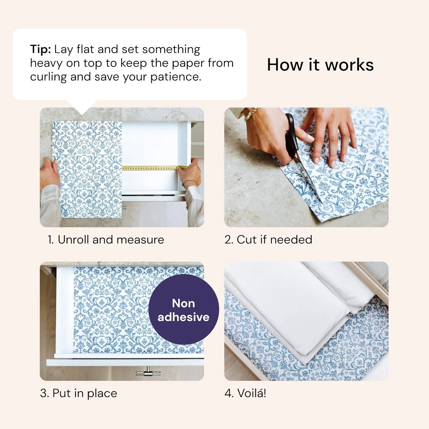 Royal Damask Print 6 Scented Drawer Liners - Non-Adhesive English Lavender Drawer Paper Liner for Dresser Closet & Shelves - 14 x 19½ Inch